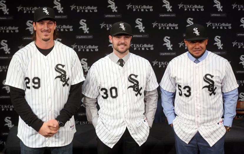 Newly acquired Starting Pitcher Jeff Samardzija (left), Closing Pitcher David Robertson (middle), and OF Melky Cabrera (right) are introduced by the White Sox.