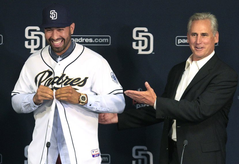 Newly acquired OF Matt Kemp (left) is introduced to the Padres organization by Manager Bud Black.
